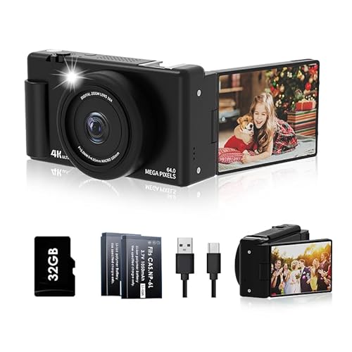 Digital Camera for Photography,64MP Autofocus Camara with 16X Zoom, 180° Flip Screen, Vlogging Cameras, Compact Travel Camera with 32GB Memory Card, 2 Batteries