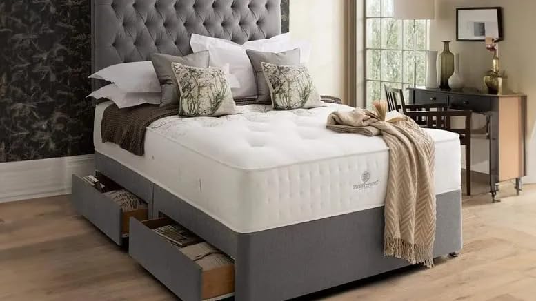 CALISMA Designer Damask Memory Spring Foam Divan Bed Set With Mattress, 2 Drawers (Same Side) and Headboard (Charcoal, 3FT Single)