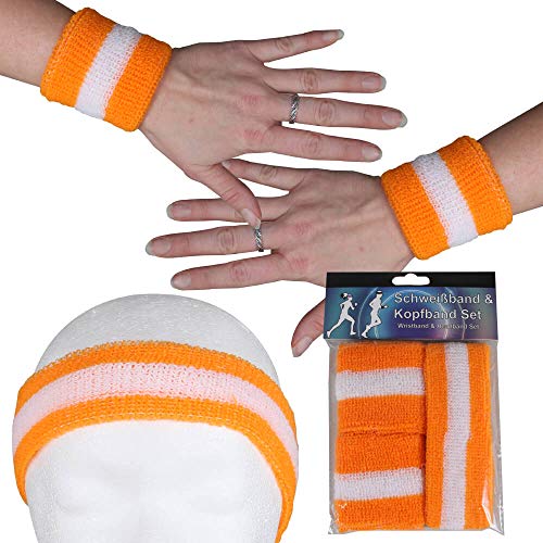 Cinta para el sudor para mujer y hombre, deporte, elástica, para fitness, a rayas, para la frente, retro, de rizo, años 80, para carnaval, color naranja y blanco