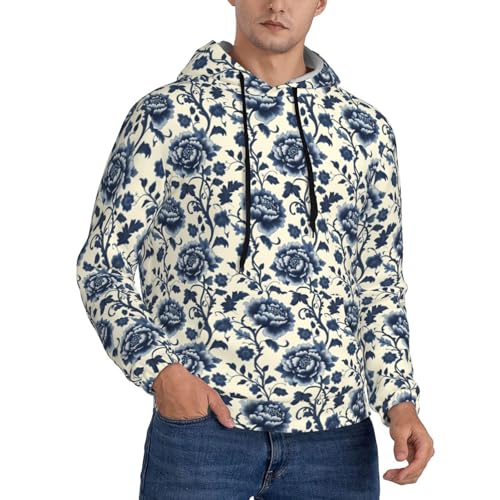 Hoodies For Men - Retro Blue Flowers Print Long Sleeve Casual Men'S Hoodies & Sweatshirts Pullover With Pocket