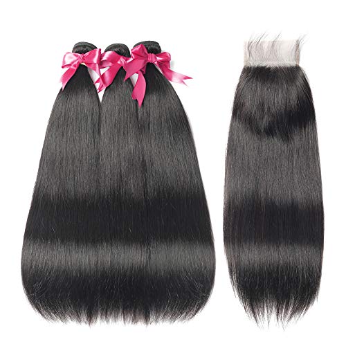 Beaudiva Hair Brazilian Virgin Straight Human Hair with Lace Closure (10 12 12+10inch, Natural Black) 8A 100% Unprocessed Straight Brazilian Virgin Hair Weave with 4x4 Lace Closure