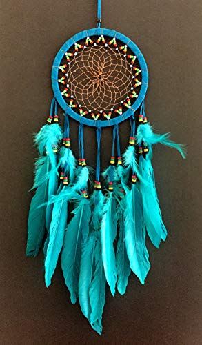 Dream Catcher - Dream Catcher - Traditional Turquoise Blue Suede Dreamcatcher with Rasta Chakra Beads & Feathers Intricate Design - 26