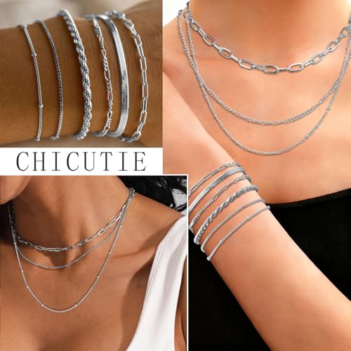 Image of CHICUTIE Gold Jewelry Set For Women,14k Gold Plated Multi Layer Necklaces Bracelets Hoop Earrings Set Stackable Knuckle Rings, Trendy Elegance Charms Non Tarnish Minimalist Textured Boho Jewelry Gift