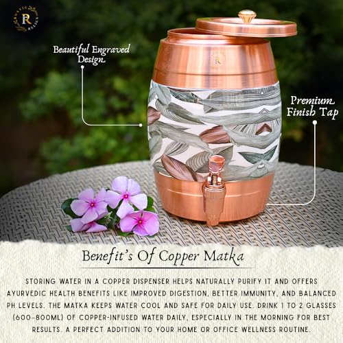 Image of Pure Copper Water Matka - 5L | with Beautiful Meena Print | Copper Water Storage Dispenser with Ayurvedic Health Beneifts | for Home and Offices Purpose