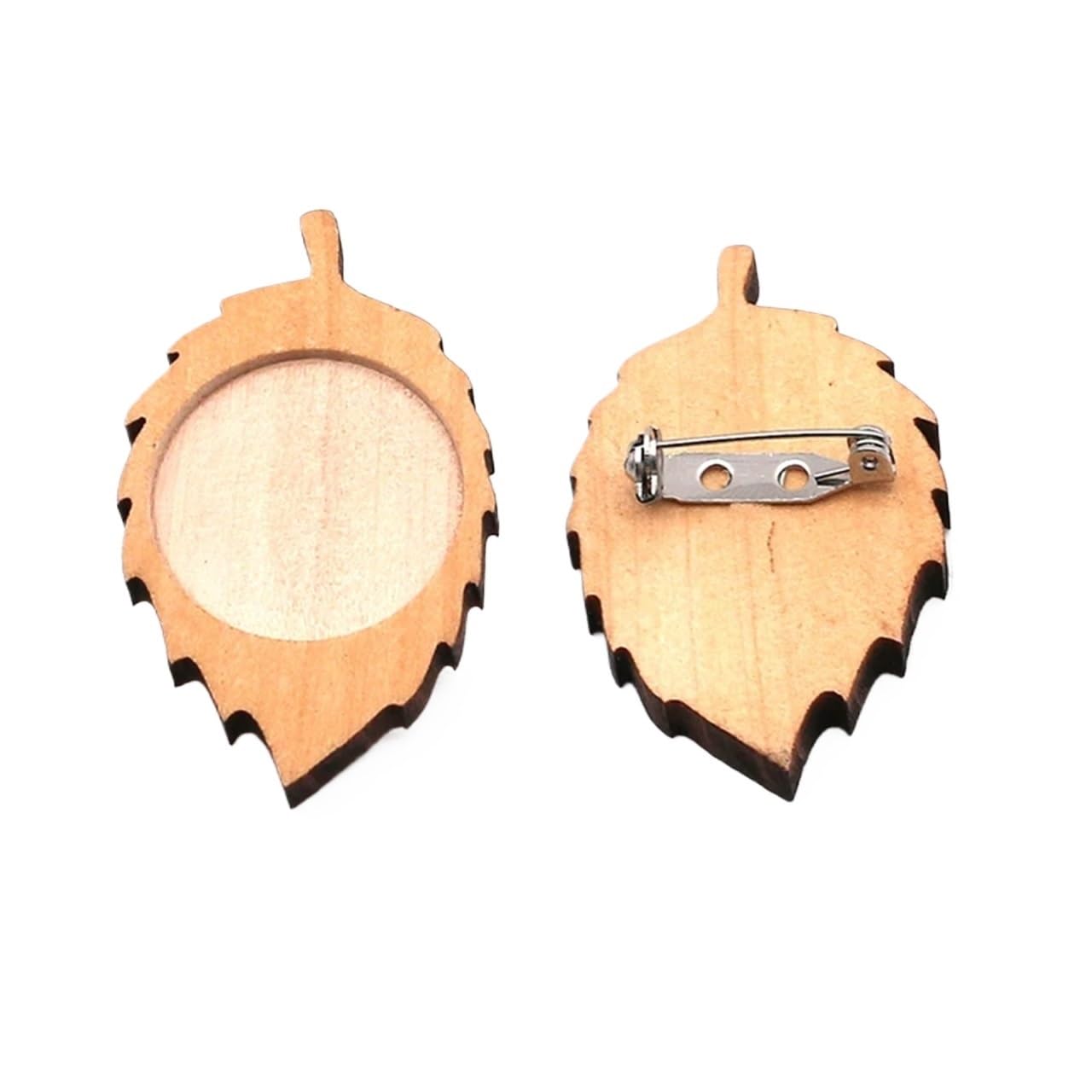 zyrqon 30pcs Wood Leaf Fit 25mm Round Brooch Base Cabochon Blanks Trays Rooch Stainless Steel Pins Cameo Setting(Vertical)