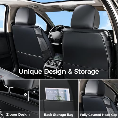 Image of Huidasource Seat Covers Full Set, 5 Layers Full-Cover Leather Seat Cover Hollow Design Airbag Pops, Front & Back Seat, Seat Covers for Most Cars, Vans, Trucks, SUVs Universal Fit (Full Set /Black)