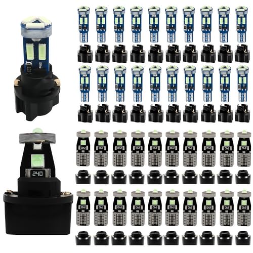 Image of WLJH Ice Blue T5 T10 LED Dashboard Bulb Kit with Sockets, Dimmable, 40-Pack | 4014 SMD, 300lm, Polarity-Free, Plug and Play, for Dash Gauge Cluster Lights, HVAC, 360 Lighting, Fits 74 2721 194 168