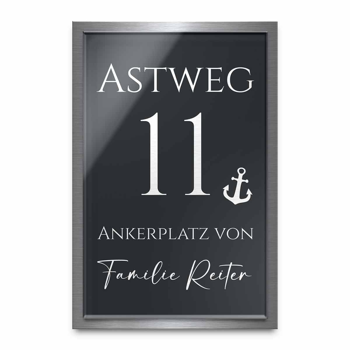Designer Hausnummer Namensschild aus Hochglanz Acrylglas und V2A Edelstahl mit Gravur Türschild Eingangsschild 20x30cm