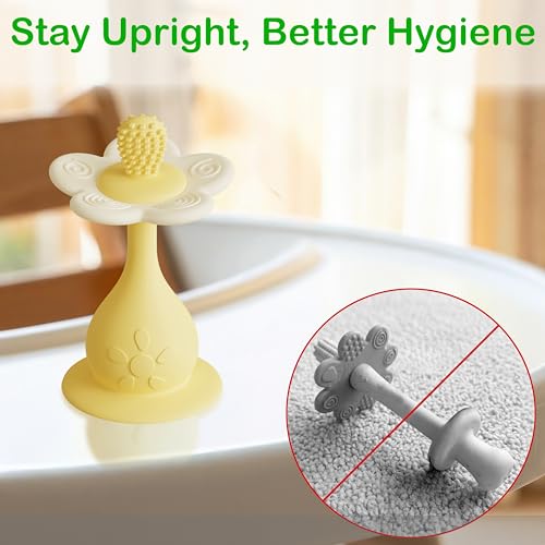 Image of Flower Teether Rattle, Silicone Baby Teething Toy 0-24M [Yellow] | 360 Multi-Texture, Nipple-Shaped End, Anti-Choking Design, Stand-Up Base, Baby Girl & Boy Teether, BPA-Free, Teething Relief