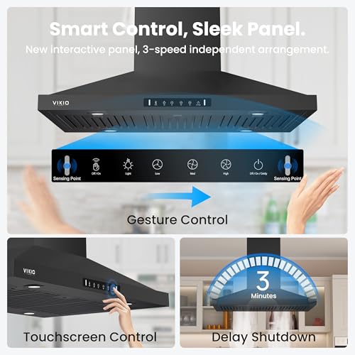 Image of VIKIO HOME Island Range Hood 30 Inch, 390 CFM kitchen Hood with Touch /Gesture Control, Ceiling Mount Kitchen Vent Hood, Convertible Ducted /Ductless, 3-Speed Fan&4 LED Lights, 2 Baffle Filters, Black