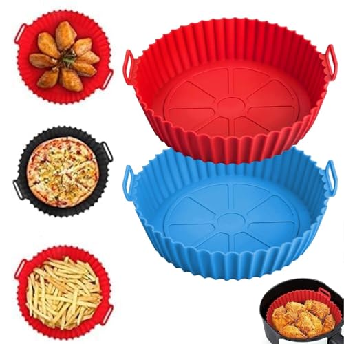 Image of Air Fryer Liners I Round Silicone Basket Baking Tray I Pot with Ear Handles I Nonstick Reusable Heat Resistant I Cooking Oven Insert Accessories - Multicolor (8 Inch)
