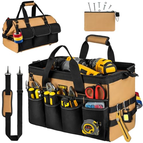 Borsa porta Attrezzi da Lavoro,Borsa Elettricista per Uomo,Borsa per Attrezzi da Lavoro Resistente con 27 Tasche,Borsa Portautensili a Bocca Larga per Papà,Meccanico,Elettricista,Nero Marrone