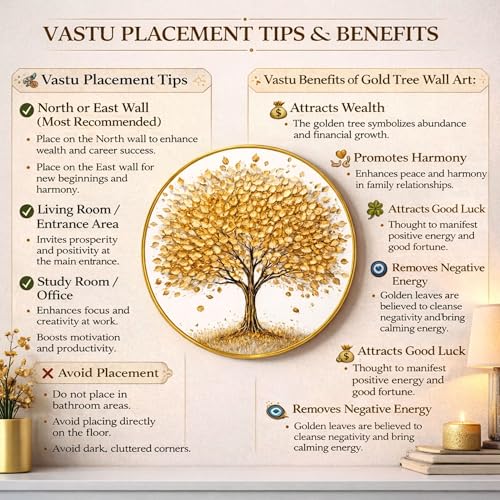 Image of Golden Tree of Life Round Wall Art Painting With Frame For Living Room | Vastu-Inspired Prosperity Decor Framed Painting | Elegant Round Wall Hanging for Home, Office & Gifting, 12 Inch