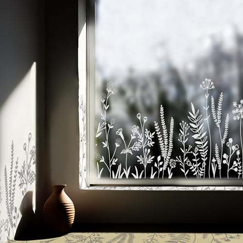 ChicSkin Pure White Window Border Film Floral, Removable See Through Static Cling for Glass Window Decor, Living Room, Meadow Flowers and Herb Stickers 59.06