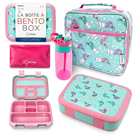 kinsho Bento Lunch Box. Insulated Bag, Water Bottle & Ice Pack Set for Kids, Toddlers, Girls. 5 Portion Sections, Removable Tray, Pre-School Toddler Daycare Lunches, Snack Container, Aqua Cat Mermaid Cover