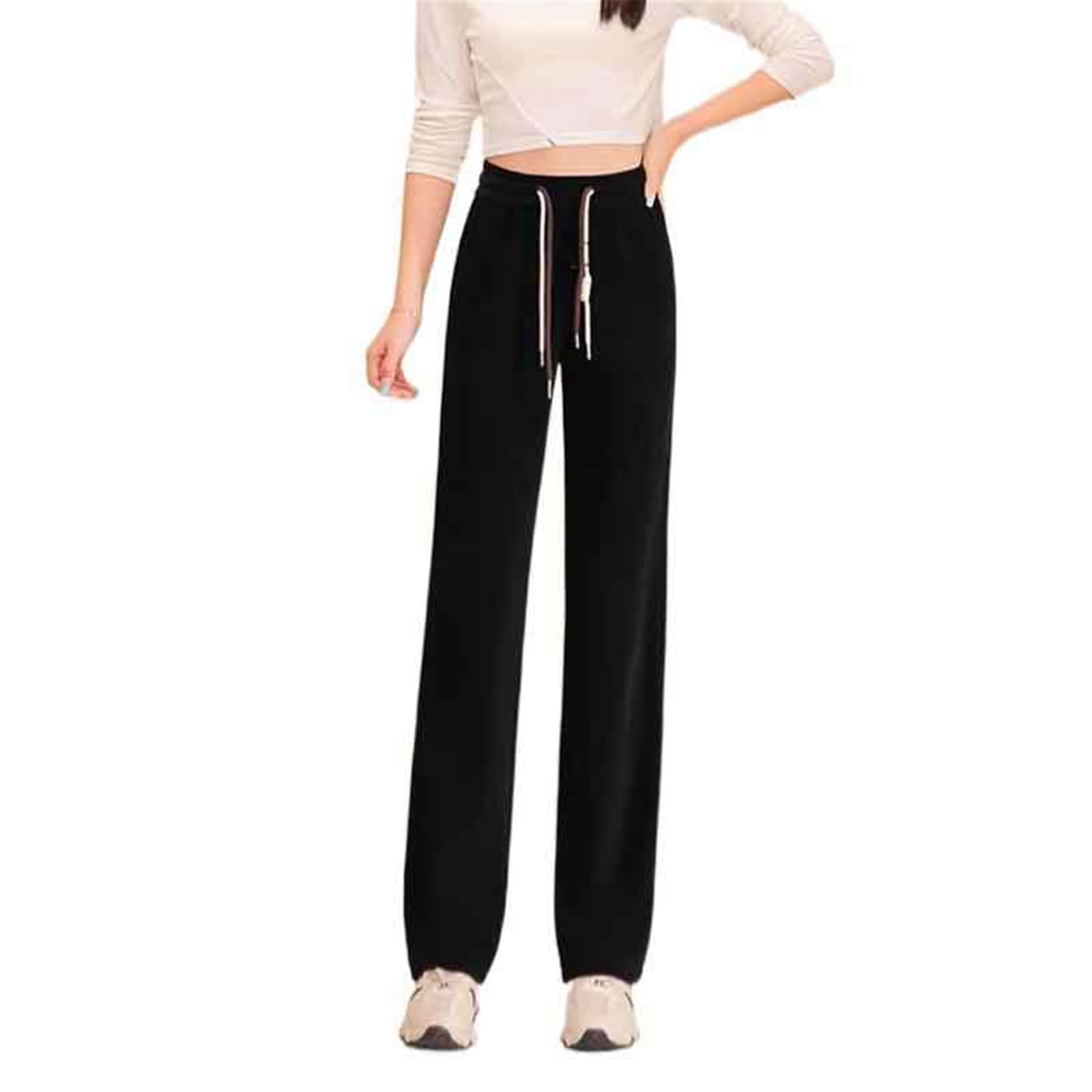 Womens Pants Summer Elastic High-Waisted Straight-Leg Drawstring Pants-Black-X-Small