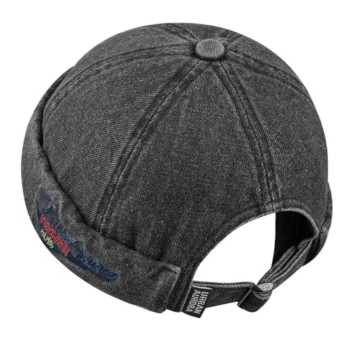 CLAPE Mens Denim Brimless Skullcap Sailor Cap Rolled Cuff Retro Beanie Hat Work Beanie Harbour Hat (CT60-Black)