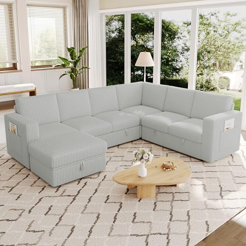 Image of 106.7 inch Corduroy Sectional Sleeper Sofa Pull Couch with Storage Light Gray