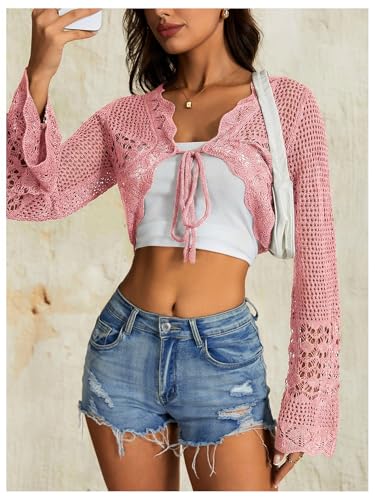 Image of OYOANGLE Women's Crochet Tie Front Sweater Cardigans Bell Sleeve Knitted Cropped Bolero Shrug Cardigan