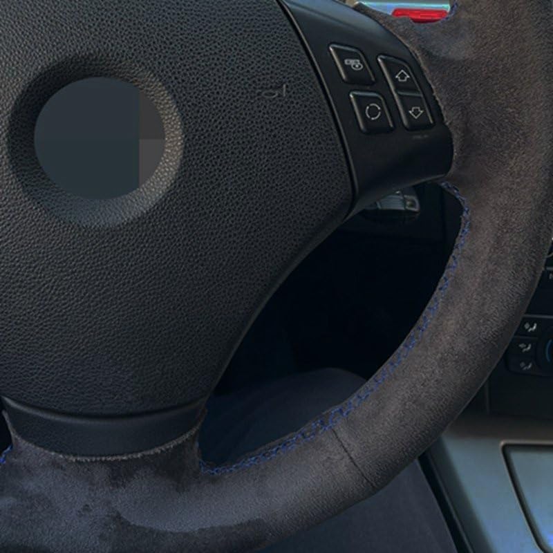 Pokrowiec na kierownicę z prawdziwej skóry zamszowej pleciony, dostosowany do BMW E90 320 318i 320i 325i 330i 320d X1 328xi 2007 Kolor: niebieska nić