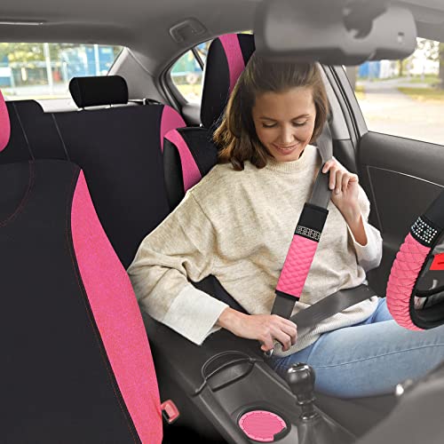 17 Pcs Bling Car Accessories Set For Women, Seat Covers Leather Steering Wheel Cover, Seat Belt Shoulder Pad Armrest Cup Holders Covers, Full Crystal Decor Automotive Interior (Pink And Black) #TOP6