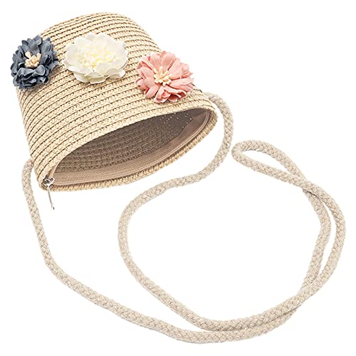 Girls Straw Hat Purse Bag Set Lace Brim Flowers Pearl Summer Beach Sun Hat Princess Shoulder Crossbody Bag Chin Strap3