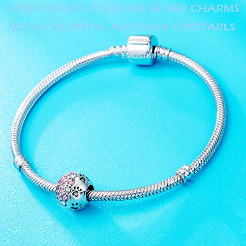 Dog Paw Print Charms With Colorful Pink Crystals, 925 Sterling Silver Puppy Pet Pawprint Footprint Beads, Fits Pandora Valentines Bracelet, Gifts For Mothers Day/Birthday/Easter #TOP2