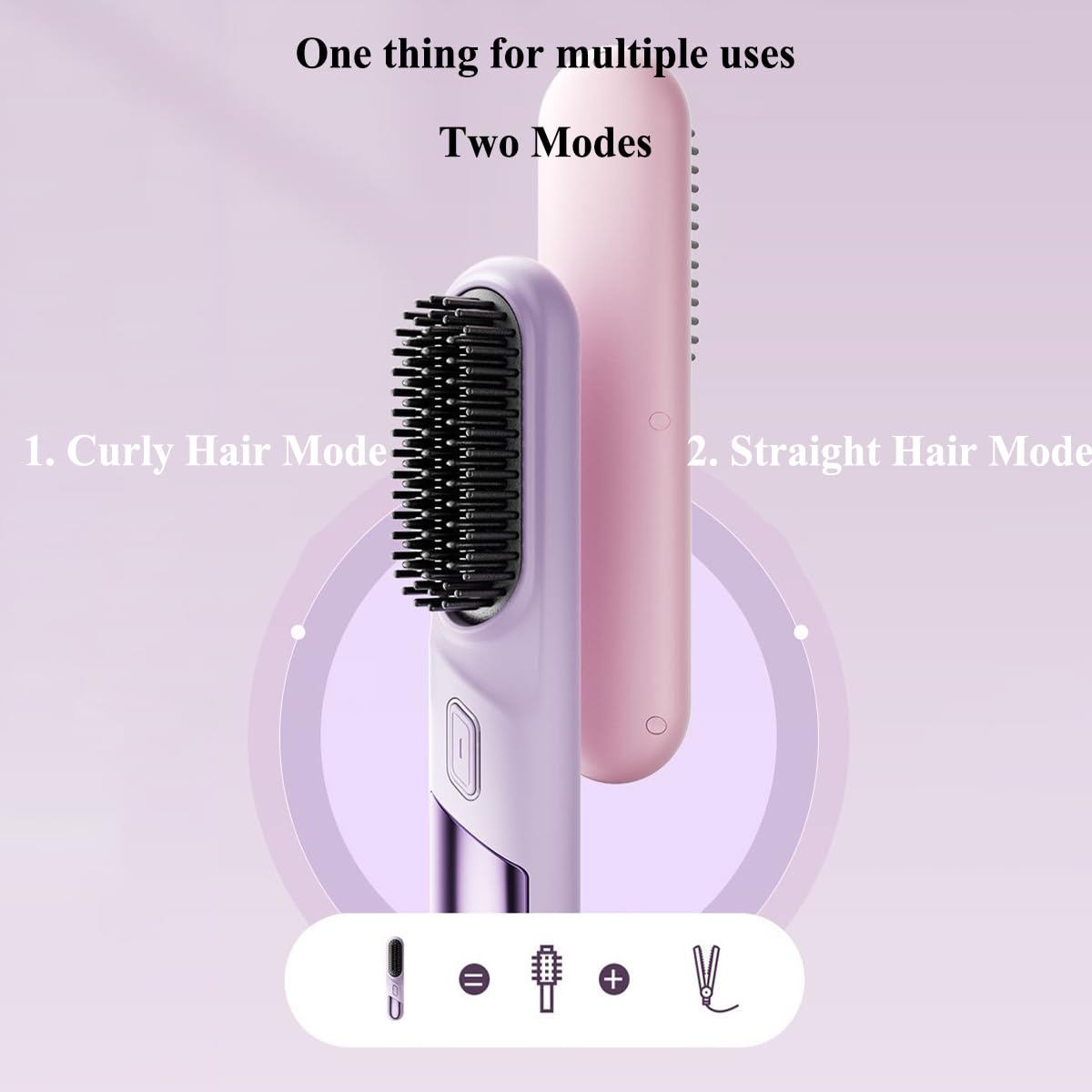 Portable Cordless Hair Straightening Brush, Mini Travel Size, Ceramic Coating, Anti-Scald Design (Purple) - Image 3