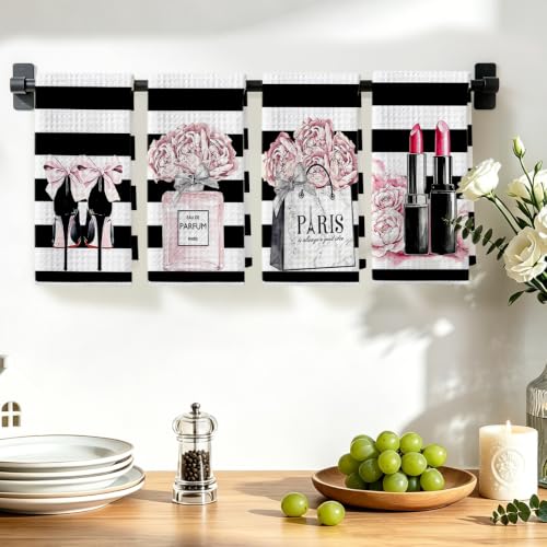 Image of 4 Pcs Black White Fashion Hand Towels, Perfume Bow Reusable Dish Towels | Fashion Gifts for Women Mom Girls Friend, Waffle Weave Microfiber Towels for Bathroom Home Decor 24x14 Inch