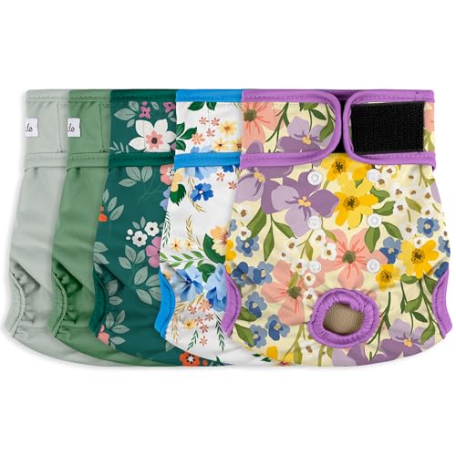 Image of Washable Female Dog Diapers (5 Pack) - Doggie Reusable Small Medium Large Dog Diapers for Doggy Puppy Female in Period - Highly Absorbent Dog Heat Panties,S Plus,Green