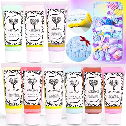 ASTRYAS Simulation Decoden Cream Glue Kit 9PCS 50g Fake Whipped Cream Glue Clay DIY Making Art Craft Kit with Plastic Decorating Mouth for DIY Phone Case Craft Party Birthday Gift