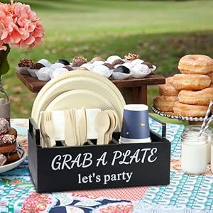 Paper Plate Holder Utensil Caddy Organizer Wood Paper Plate Dispenser Silverware Caddy Holder and Disposable Coffee Bar Accessories Box for Kitchen Counter Party Camping Picnic 6 compartment