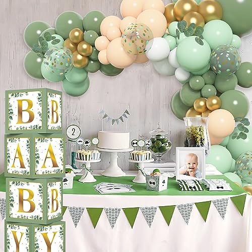 Image of Amandir 145Pcs Sage Green Balloon Garland Kit Baby Shower Decorations | Olive Green Balloon 4 Baby Boxes Blocks Gold Letter for Gender Neutral Boy Girl Safari Jungle Birthday Baptism Party Supplies