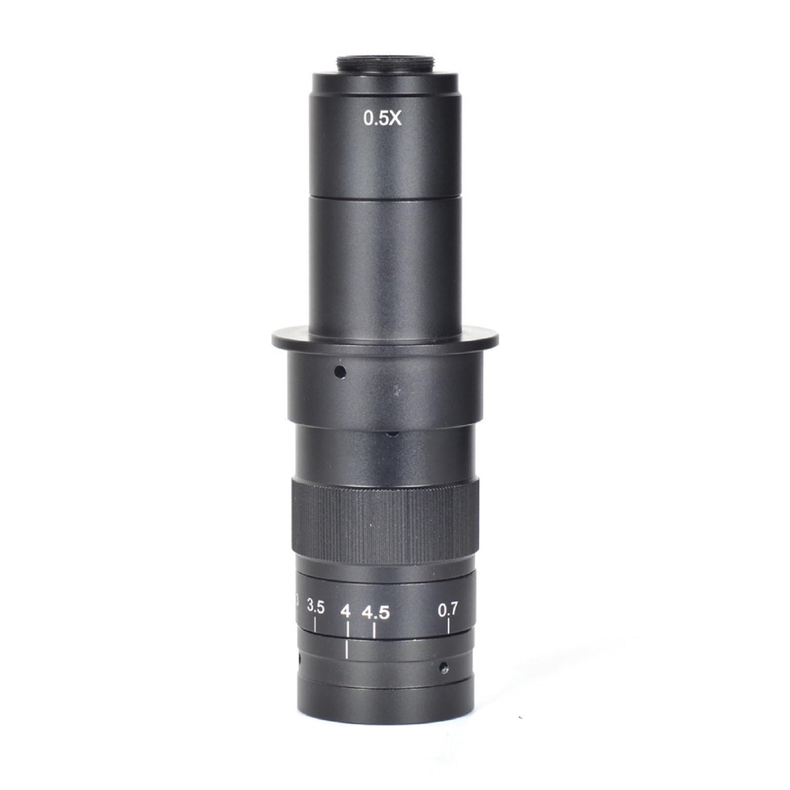 Lente de zoom de montaje en C de 0,7 a 4,5 X para cámara de microscopio industrial, compatible con microscopios de video, construcción de aleación negra, relación de zoom 6,5:1, aumento de