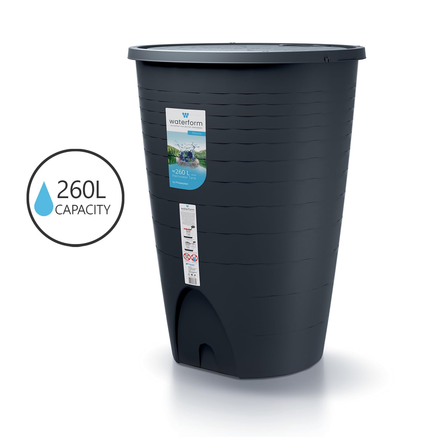 Depósito para agua de lluvia Peruno 260L | Ø72 x 97 cm | Incluye grifo y sistema de recogida de agua | Cisterna de jardín | Color negro diseño moderno
