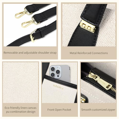Canvas Tote Bag for Women Work, Pu Leather Laptop Handbag for Daily Use with Luggage Strap Small Wallet Black4
