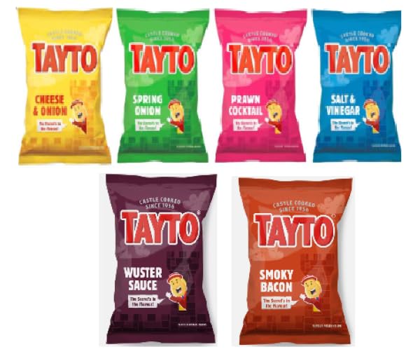 Tayto 36 x 25g Mix Box Potato Flavoured Chips 8 x Cheese & Onion 8 x Smoky Bacon.6 x Wuster Sauce 6 x Prawn Cocktail 6 x Spring Onion 2 x Salt & Vinegar