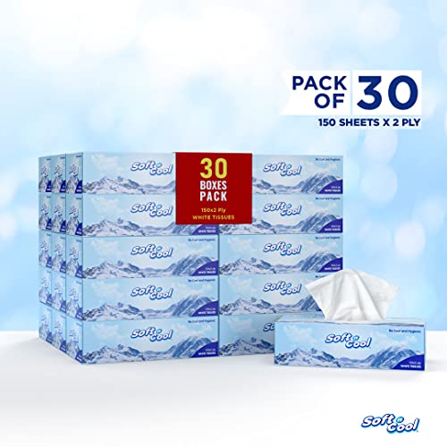 Image of Soft N Cool 2 Ply Facial Tissue Box | Pack of 30 (150 Pulls Per Box, 4500 Sheets) 100% pure, natural virgin paper - | Ultra Soft, Absorbent Home, Office, Car, Travel Essential | Made in Dubai (U.A.E)