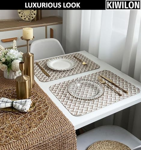 Image of Dining Table Placemats Set of 6 | Table Mats with Anti-Slip Silicone Dots Bottom | Heat Resistant Foldable Place Mats for Dining Table and Kitchen | 45 x 30 cm (Beige, UrbanWeave)