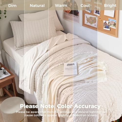 Image of HYMOKEGE Beige Twin XL Comforter Set Seersucker 5 Pieces, All Season Luxury Bed in a Bag for Bedroom, Bedding Set with Comforter, Sheets, Pillowcase & Sham