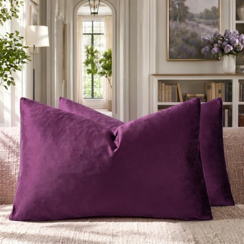 Image of GIGIZAZA Purple 12x20 Lumbar Velvet Decorative Throw Pillow Covers for Sofa Bed 2 Pack Soft Cushion Cover