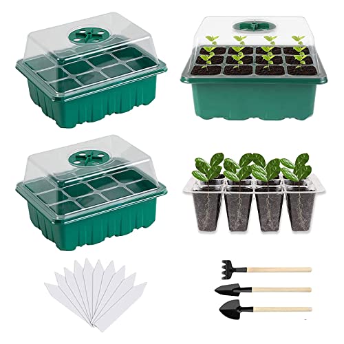Mecctuck 3 Piezas Bandeja Semillas, Semillero Invernadero Mini, Bandeja de plántulas 12 Células con Tapa con 3 Herramienta de Plantación y 10 Etiquetas botánicas Cover
