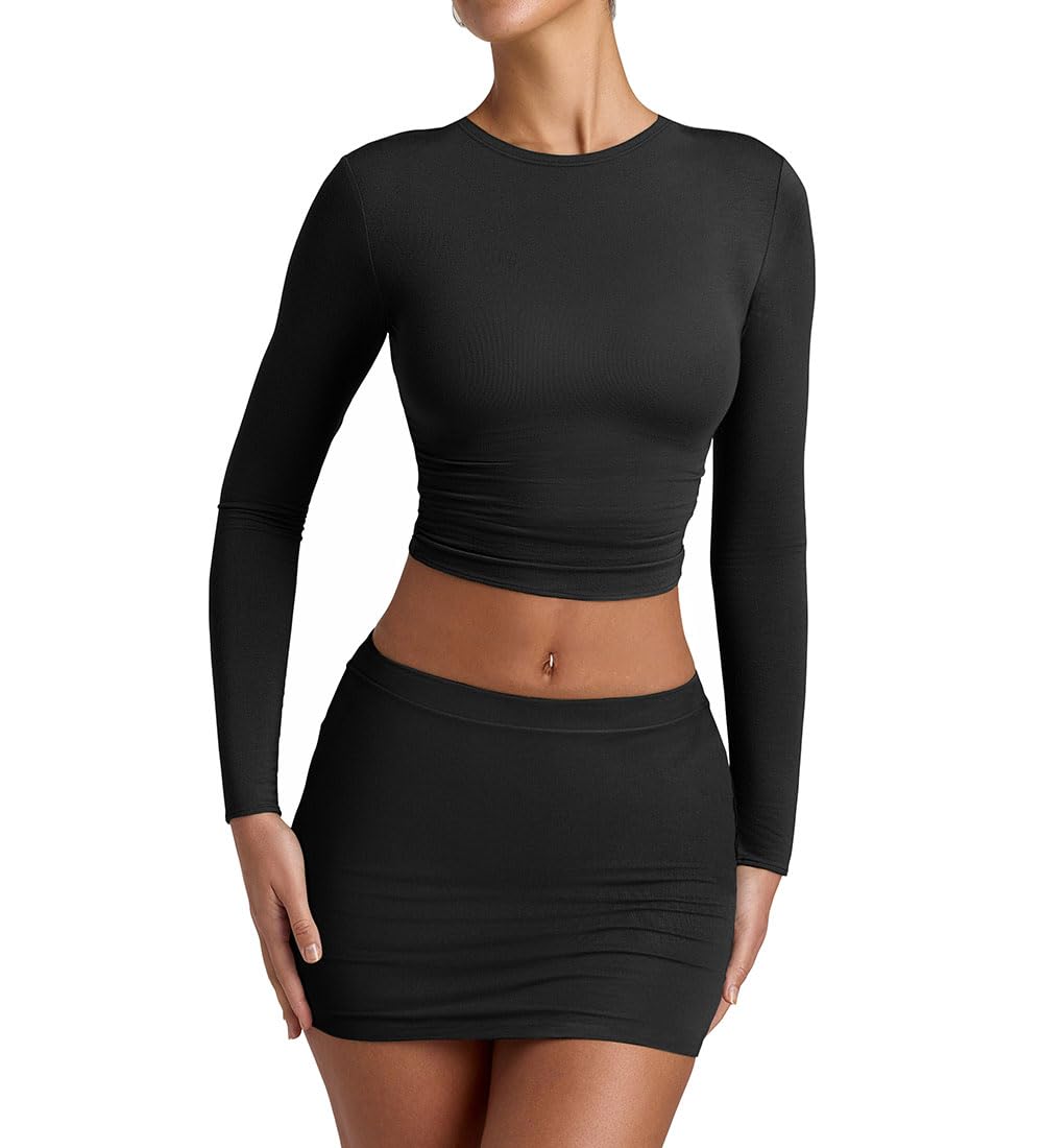 YFANG Womens Sexy Two Pieces Pencil Mini Skirt Set Long Sleeve Crew Neck Crop Top Short Bodycon Skirt