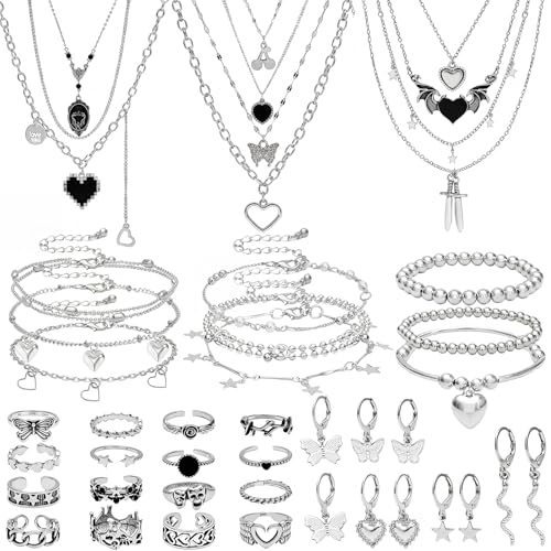 NEWITIN 45 Pieces Silver Jewelry Set for Women Party Costume Punk Jewelry Set Goth Grunge Y2k Accessories Vintage Gothic Necklaces Bracelets Earrings Rings for Women Men