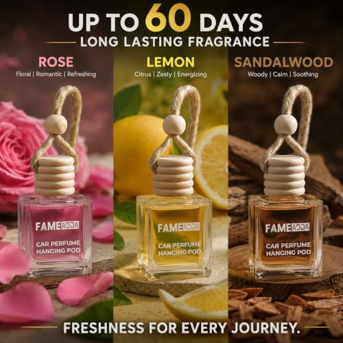 Image of 10 ML Premium Pack of 3 Rose Lemon & Sandalwood Car Perfume Hanging Pod | Car Air Freshener | Long Lasting Car Fragrance | Car Perfume Luxury | Luxury Car Freshener | Lasts Up to 60 Days