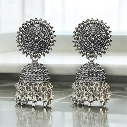 Stylish Silver Jhumkas with Turquoise Beads, Drop Earrings for Women - Image 3