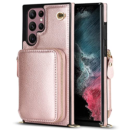 Étui portefeuille or rose pour Samsung S22 Ultra et Note 20 finitions haut de gamme avec zip