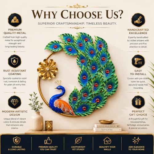 Image of SHREE 'O' GREEN TECH - Modern Round Peacock Metal Wall Art Handmade Decorative Iron Leaf Wall Hanging for Living Room Bedroom Entryway Dining Room Office Hotel Decoration
