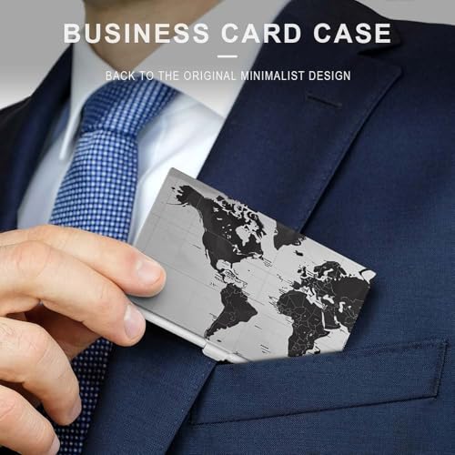 Business Card Holder Metal Slim Business Card Case Black And White World Map Professional Cards Organizer Pocket Name Cards Case Credit Holder Wallet for Men Women Buckle Style Shut3