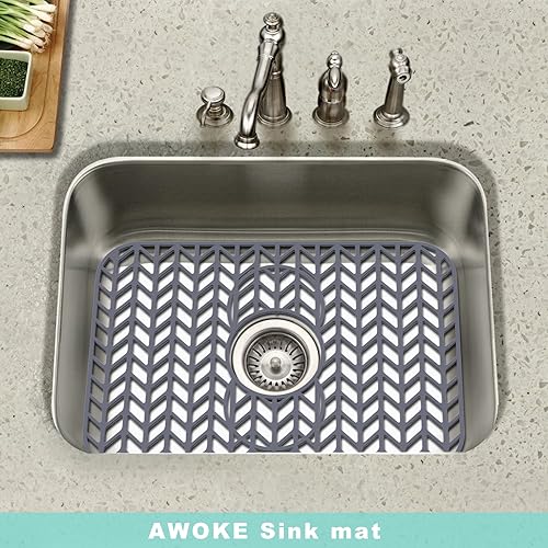 AWOKE Sink Protectors for Kitchen Sink - 19"x 13" Sink Mat - Heat resistant Easy-clean Silicone Sink Mat - for Protection of Stainless Steel Sink - with 3 Reserved Holes (Grey)
